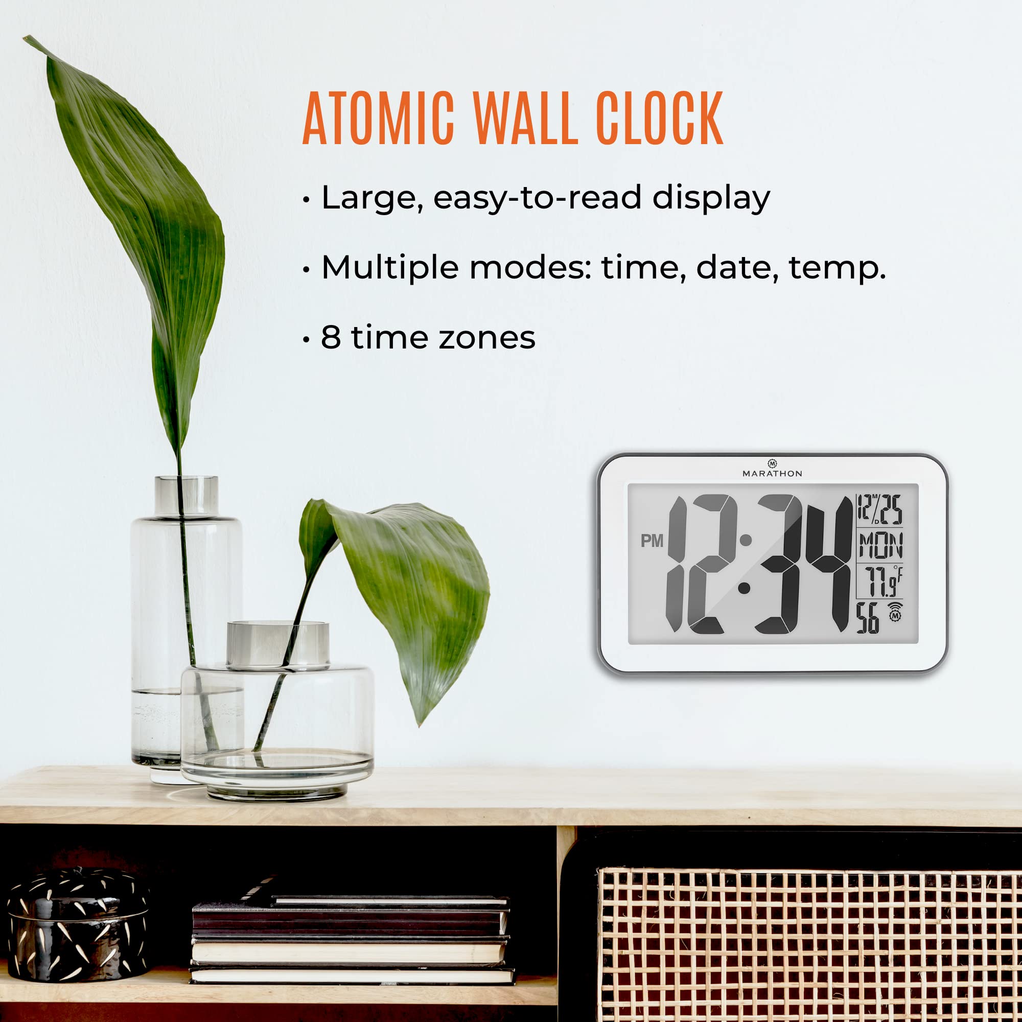 Horloge murale à réglage automatique avec 8 fuseaux horaires - Argent (avec contour noir) 