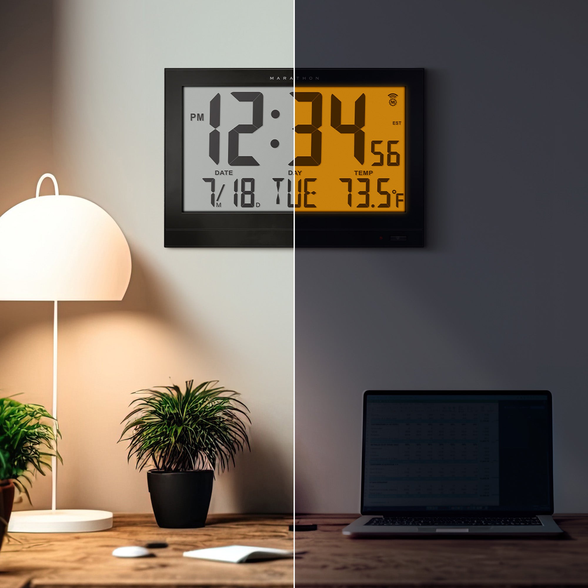 Horloge murale atomique géante avec rétroéclairage automatique et adaptateur secteur