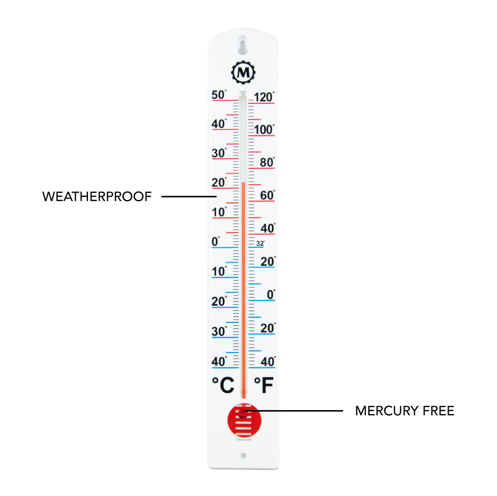16" Vertical Outdoor Thermometer, Celsius markings on the left, Fahrenheit markings on the right; indicator lines in blue below freezing, red above freezing