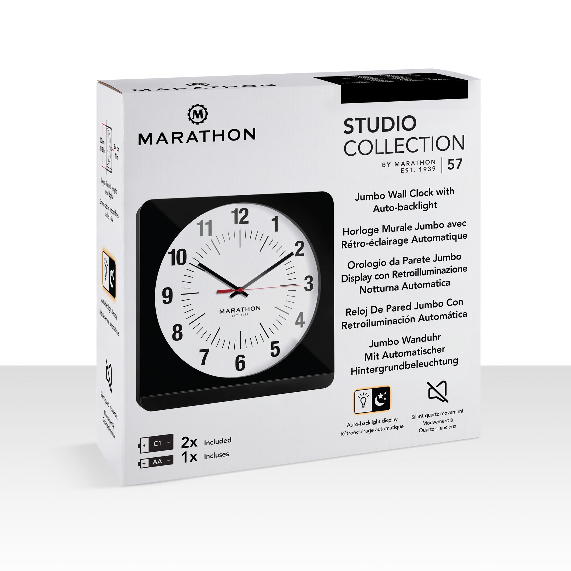 Reloj de pared analógico Studio Edition Jumbo de 12 pulgadas con retroiluminación automática - Negro